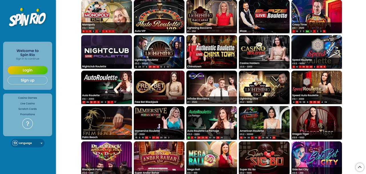 live casino games at spin rio